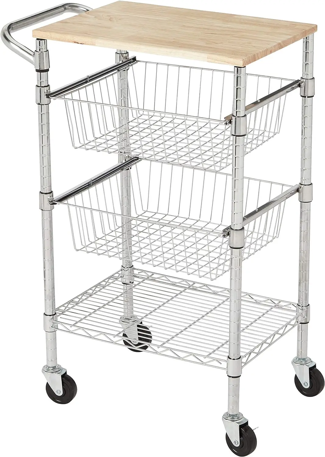 Basics 3-Tier Metal Basket Rolling Cart with Wood Top, Silver