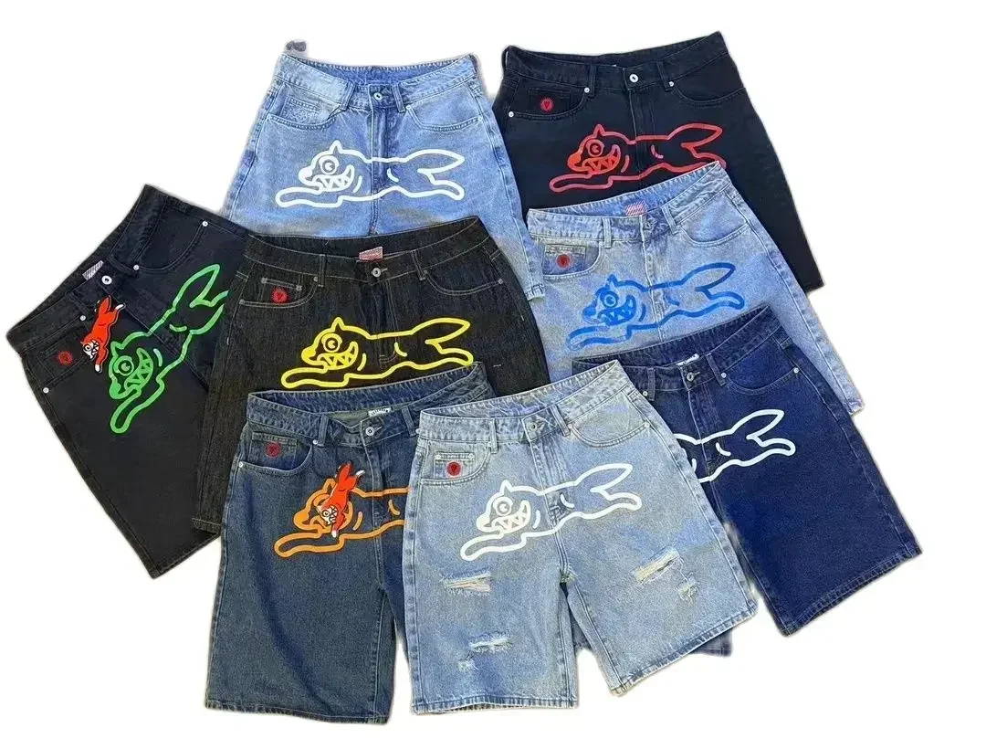 Denim Shorts Graphic Printed Fly Dog Hip Hop Mens Wide Leg Baggy Y2k Streetwear Knee Length