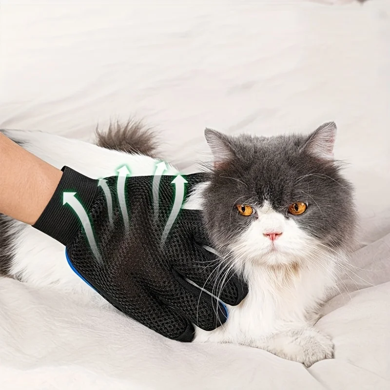 Pet Deshedding Grooming Gloves Silicone Five-Finger Massage Nodes Waterproof for Dog Cat All Hair Home Bath - Blue Palm Design