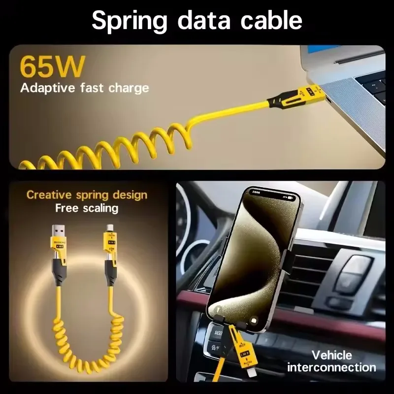 2개입 4 in 1 65W 스프링 숏 데이터 케이블 6A USB 타입 C 스프링 텔레스코픽 퀵 충전 케이블 스프링 USB 케이블 아이폰 15 14 13 12용