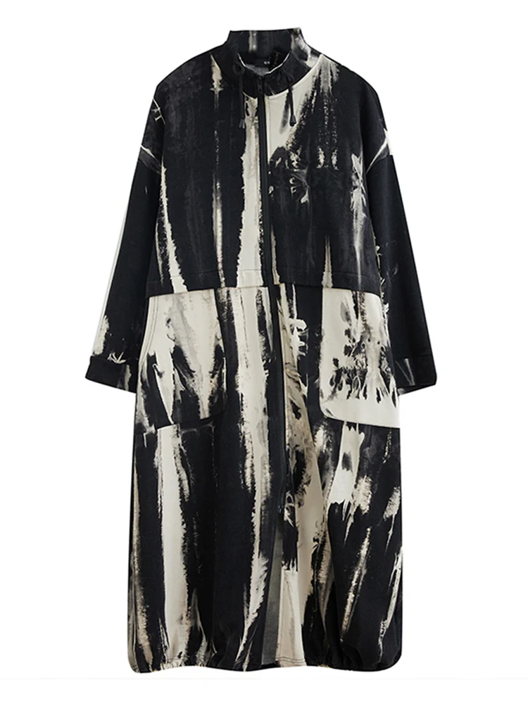 2025 Autumn Winter Oversized Turtleneck Long Trench Coat For Women Drawstring Casual Loose Vintage Print Outerwear Cardigan