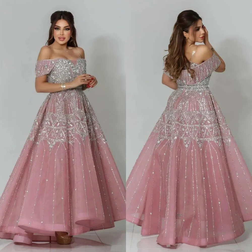 

Sparkle Fashion Off-the-shoulder Ball gown Formal Ocassion Gown Beading Paillette / Sequins Anke length Organza Evening Dresses