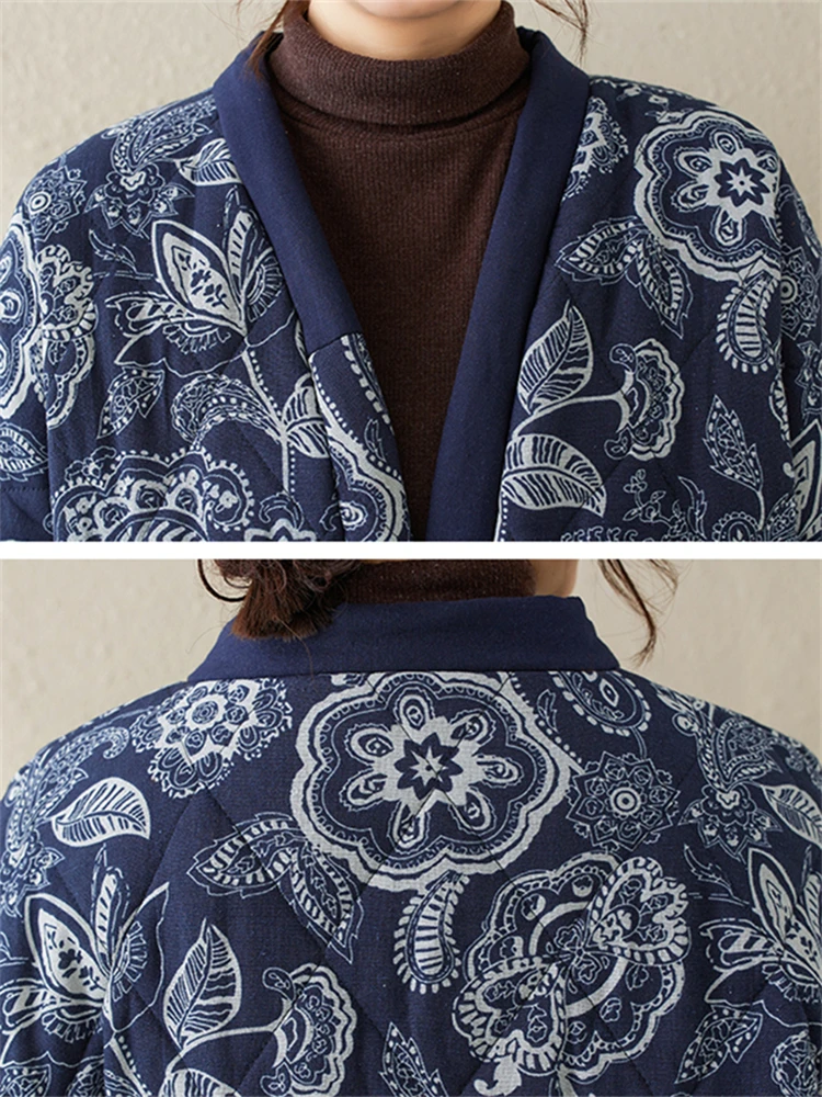 Ethnic Style Cotton Women Winter Vintage Single Breasted Coat Casual Loose Long Blue Floral Elegant Ladies New Jacket Outerwear