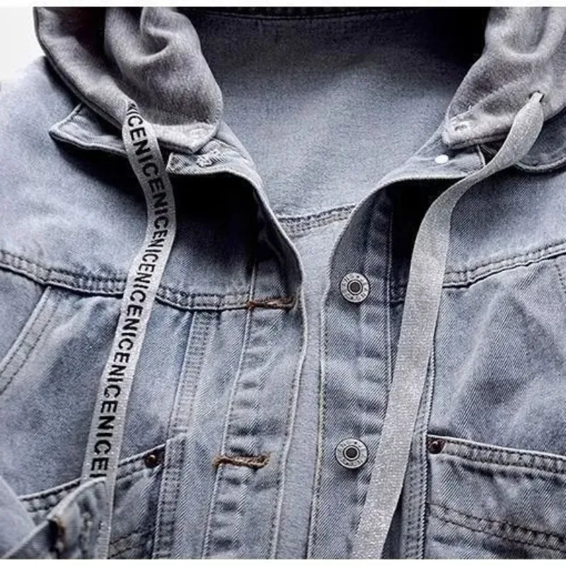 2023 Autumn New Women Denim Short Coat Loose Stitching Hooded outwear Fashion Casual Jacket Multi-Pocket Versatile outcoat