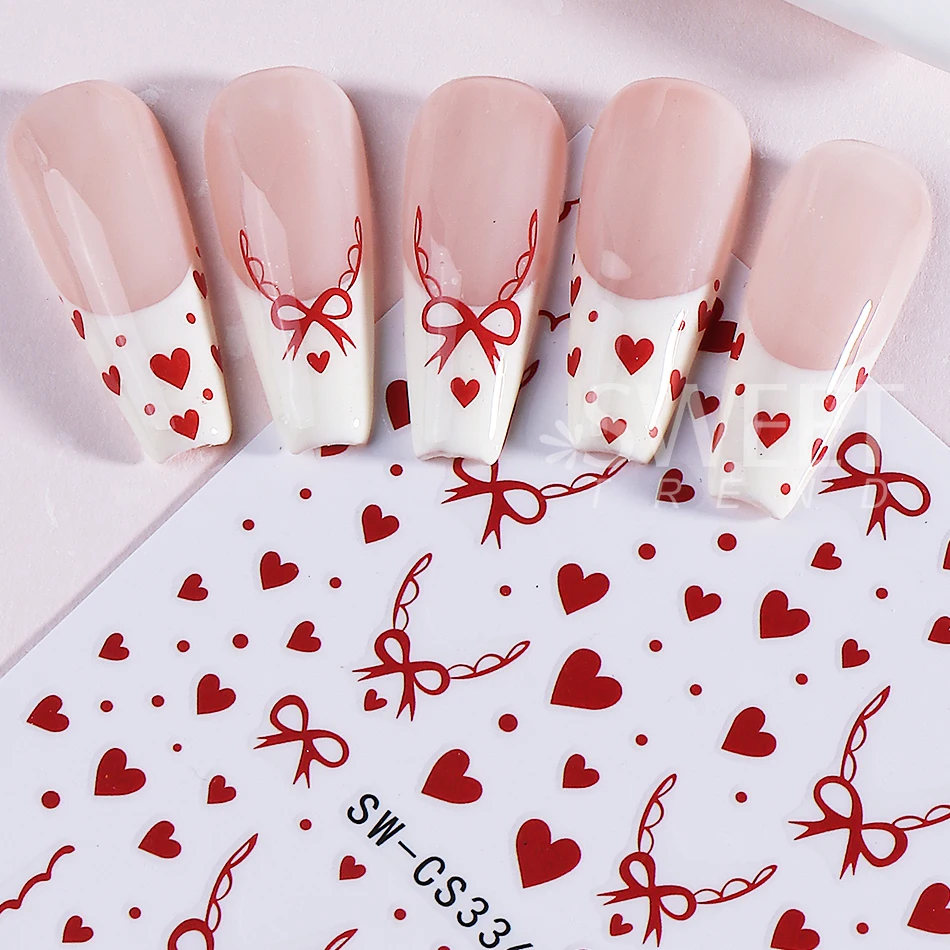 2pcs Valentine's Nail Stickers Red Love Heart Bow French Design Nail Decals DIY Elegant Adhesive Slider Manicure Decoration Tool