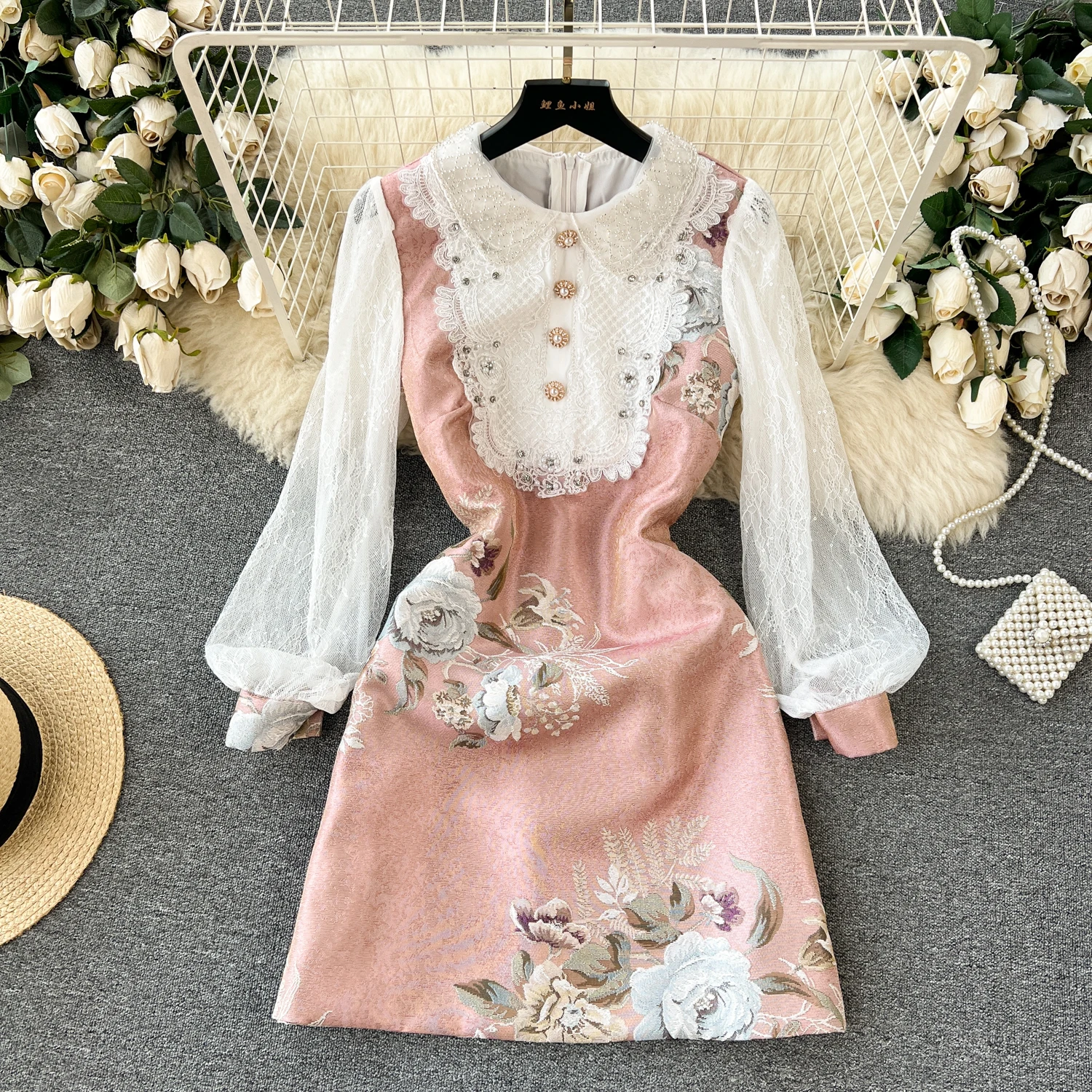 

Chic Women Court Style Dress Irregular Print Patchwork Sweet Lace Pull Long Sleeve Party Dress For Women
