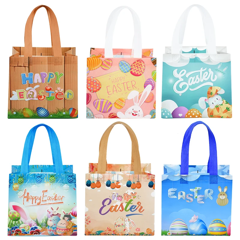 6Pcs Happy Easter Gift Bag Nonwoven Fabric Rabbit Eggs Cookies Candy Packaging Bag Kids Favors Easter Party Decoration Supplies