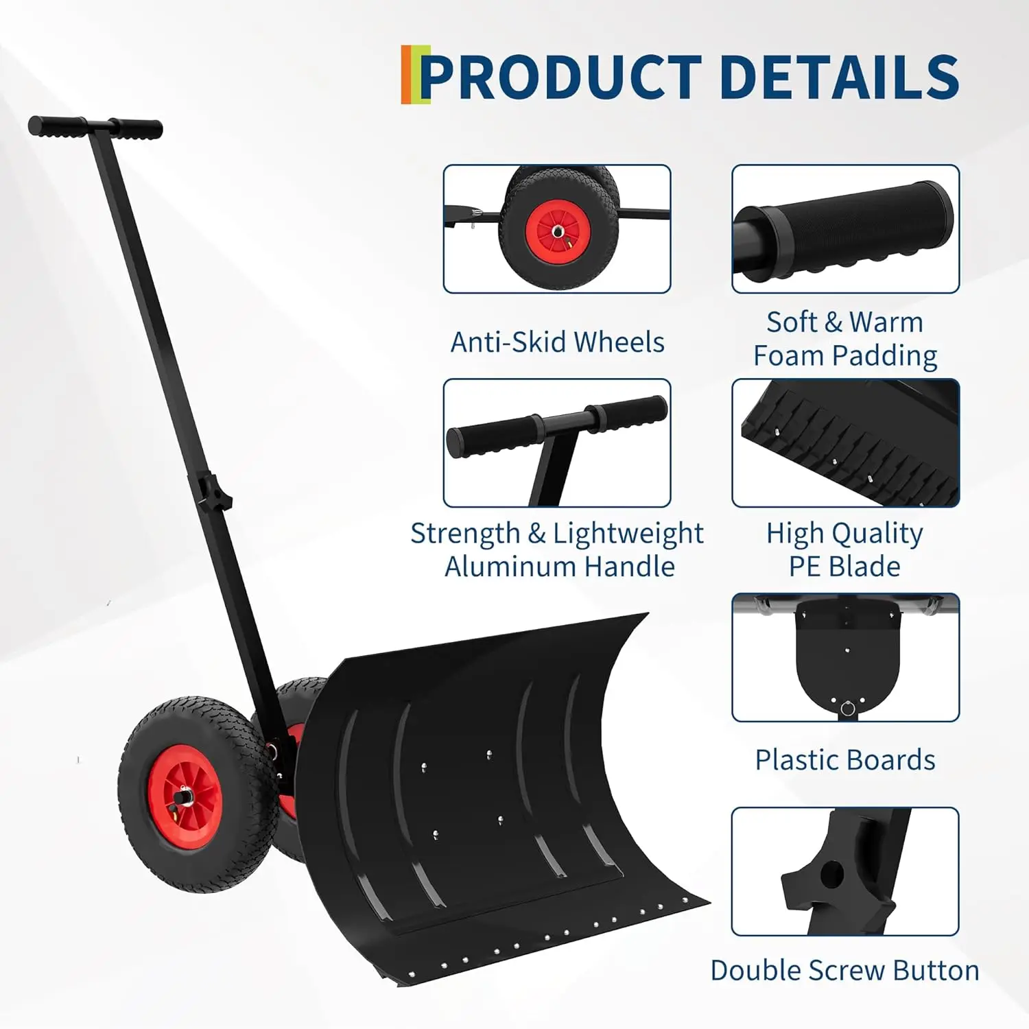 Metal Snow Pusher with Wheels, Adjustable Angle & Height Handle 4