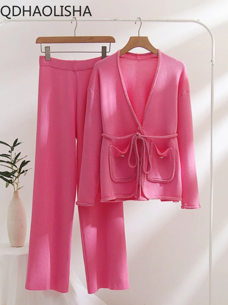 

Sets for Women 2 Pieces Tracksuit Autumer Winter Knit Cardign Sweater V Neck Belt Wide Leg Pants Sets Casual Loose Office Lady