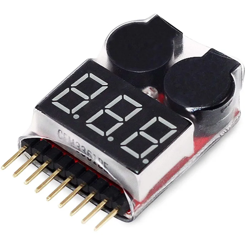 Testeur de tension batterie Lipo/Li-ion 1-8S avec alarme sonore, posé sur une surface avec câbles détachés.