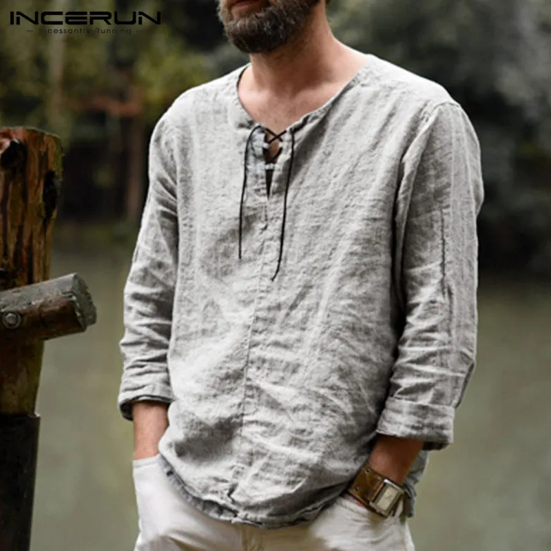 

INCERUN 2024 Men Shirt Solid Color Cotton Vintage V Neck Long Sleeve Lace Up Casual Men Clothing Streetwear Retro Shirts S-5XL