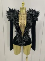 2025 New Shiny Black Rhinestone Velvet Long Sleeve Bodysuit Women Evening Party Club Gala Hosts NightClub Bar Stage Costumes