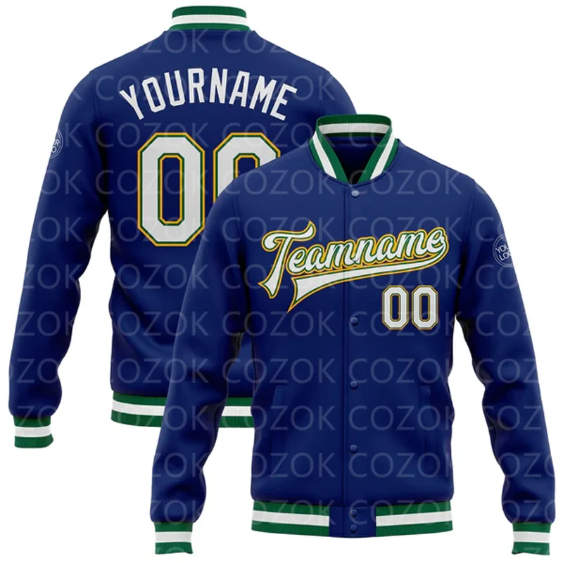 Custom Blue Green Yellow 3D Printed Baseball Button Jacket Bomber Full-Snap Varsity Letterman Jacket