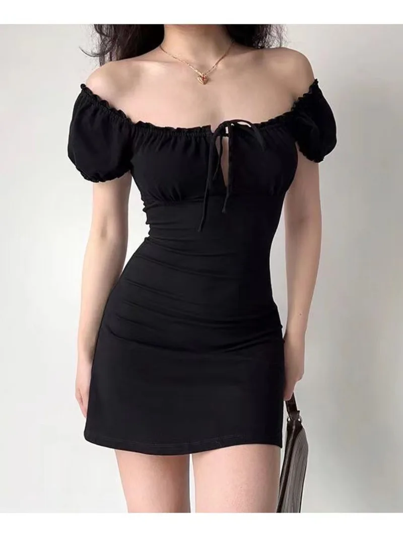 

American style retro chest hollowed out lace up bubble sleeves black dress for women in summer square neck short skirt 2JXC