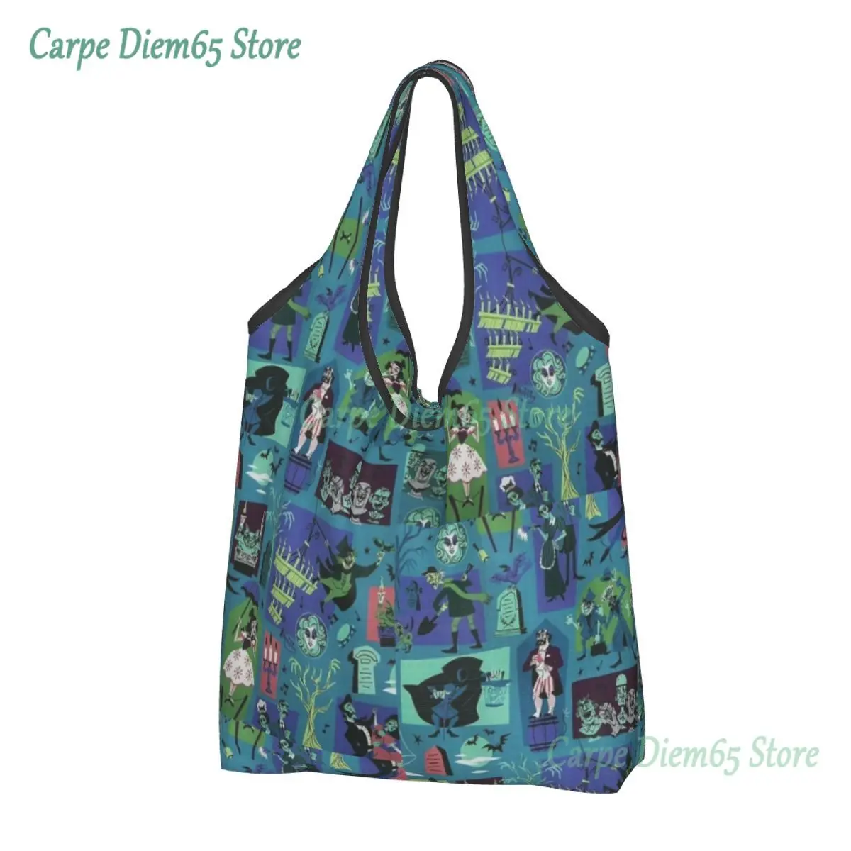 Cute Printed Halloween Haunted Mansion Haunted House Madame Tote Shopping Bag Portable Shoulder Shopper Handbag