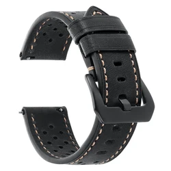 Vintage Brown Genuine Leather Strap - Universal Breathable Cowhide Sports Wristwatch Band, Unisex - 22mm (Black)