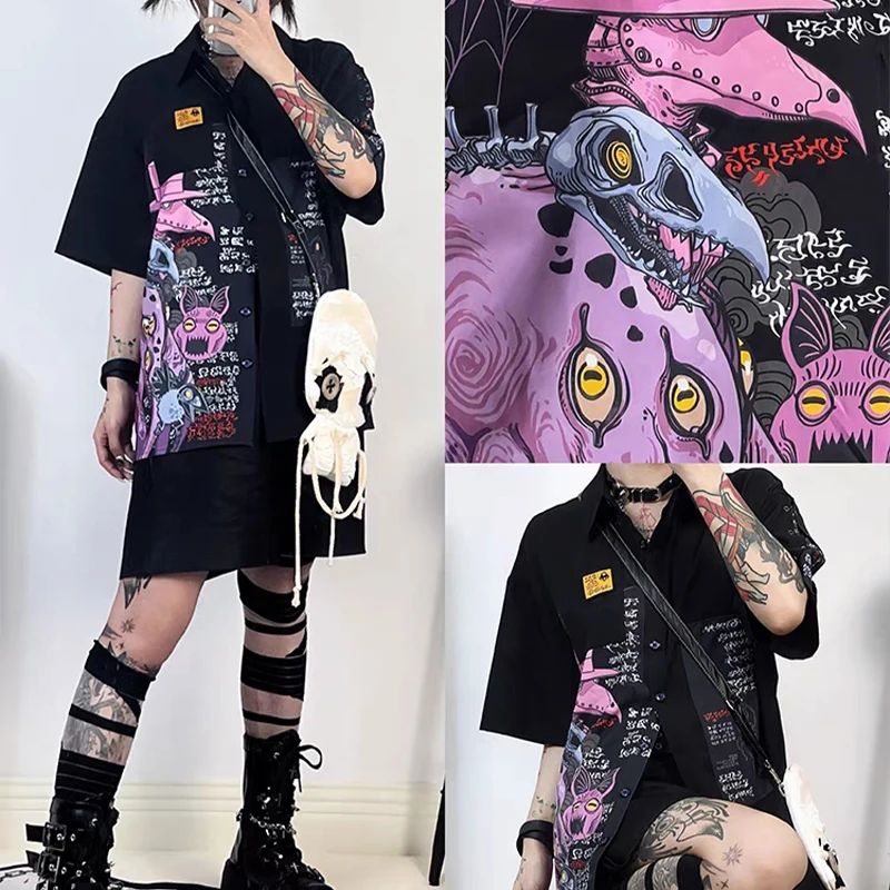 Harajuku Japanese Anime Club Monsters Y2K Shirts Dark Gothic Graphic Button Up Cardigan Tops Casual Blouse Teenage Shirts Summer