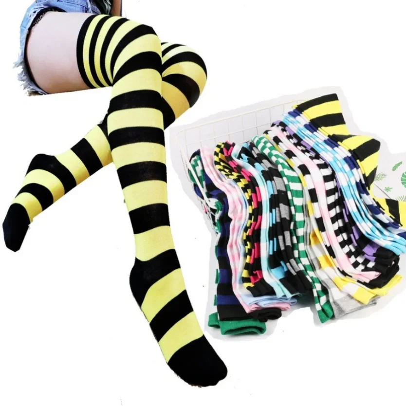 Calcetines Largos Para Mujer IB-iP - Rayas Azul Marino, Hasta La Rodilla, 75% Poliéster 25% Algodón