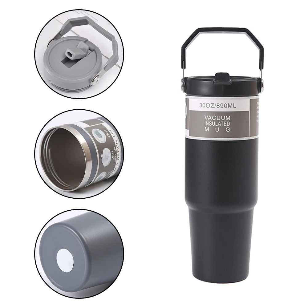 Smartify Tazza termica in acciaio inox nero con manico, tazza termica e borraccia con cannuccia e coperchio, in acciaio inox, per bevande calde e fredde (950 ml