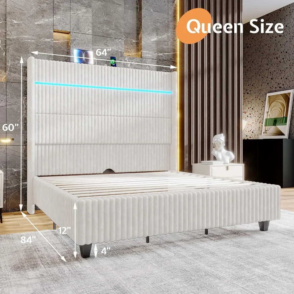 Queen Bed Frame with LED Lights, Corduroy Upholstered With 60" Tall Wingback Headboard and Charging Station, Beds Frames 3