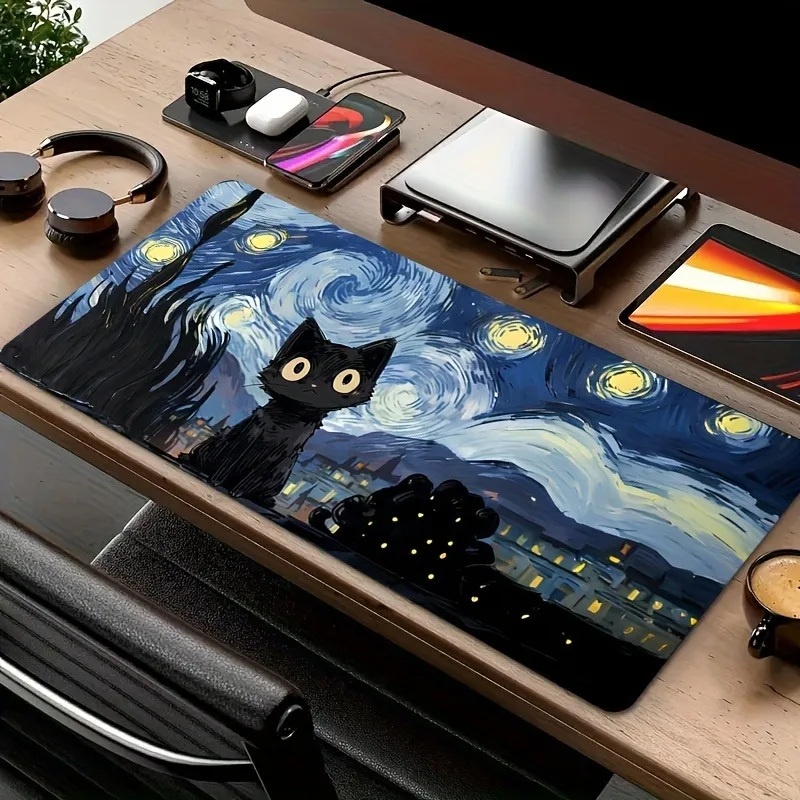 Starry Night mouse pad with cute black cat, study and office use, office accessories, rectangular workstation pad - durable, wat 3