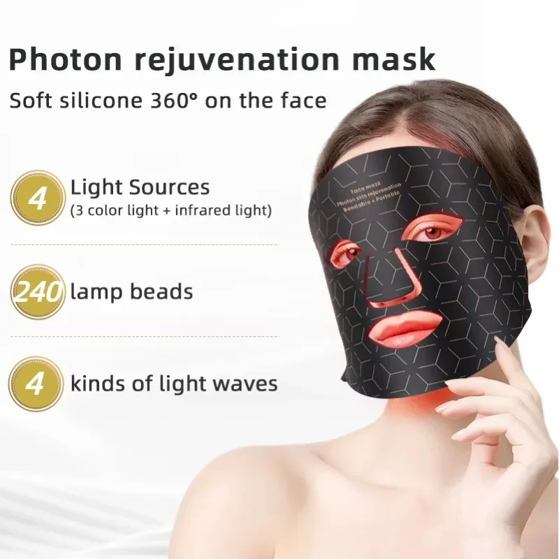 Led Mask Face Red Light Therapy 480 Lamp Beads 4Colors Adjustment For Neck Beauty