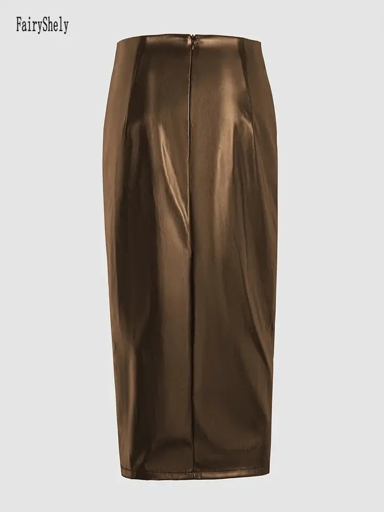 Fairyshely Sexy Pu Leather Split Long Skirt Women 2025 Summer High Waist Midi Skirt Lady Elegant Zipper Drawstring Pencil Skirts 4