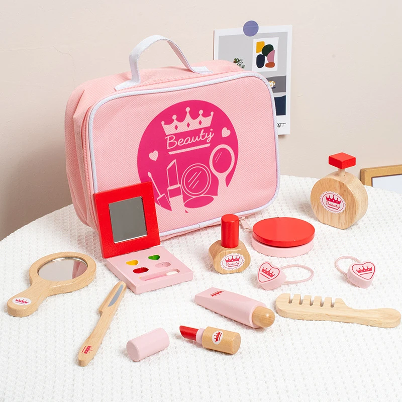 Children's Wooden Imitation Cosmetics Makeup Bag Little Girl's Princess