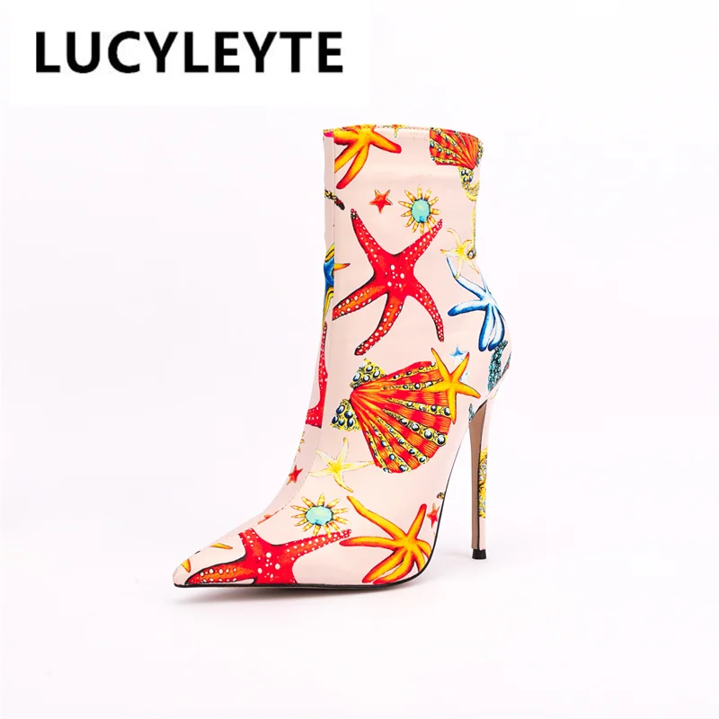 

2022 Women's Autumn and Winter New European and American Fashion Printing Vamp Stiletto High-heeled Pointed Ankle Boots