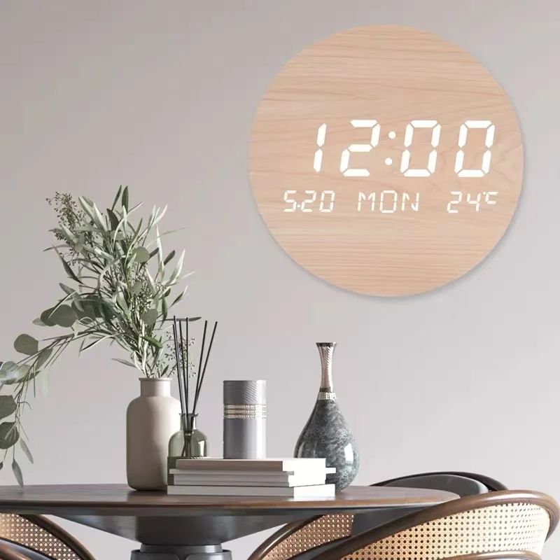 Faux Wood Panel Electronic Wall Clock Living Room Decorative Digital Electronic Rechargeable Bedside Wall Clock