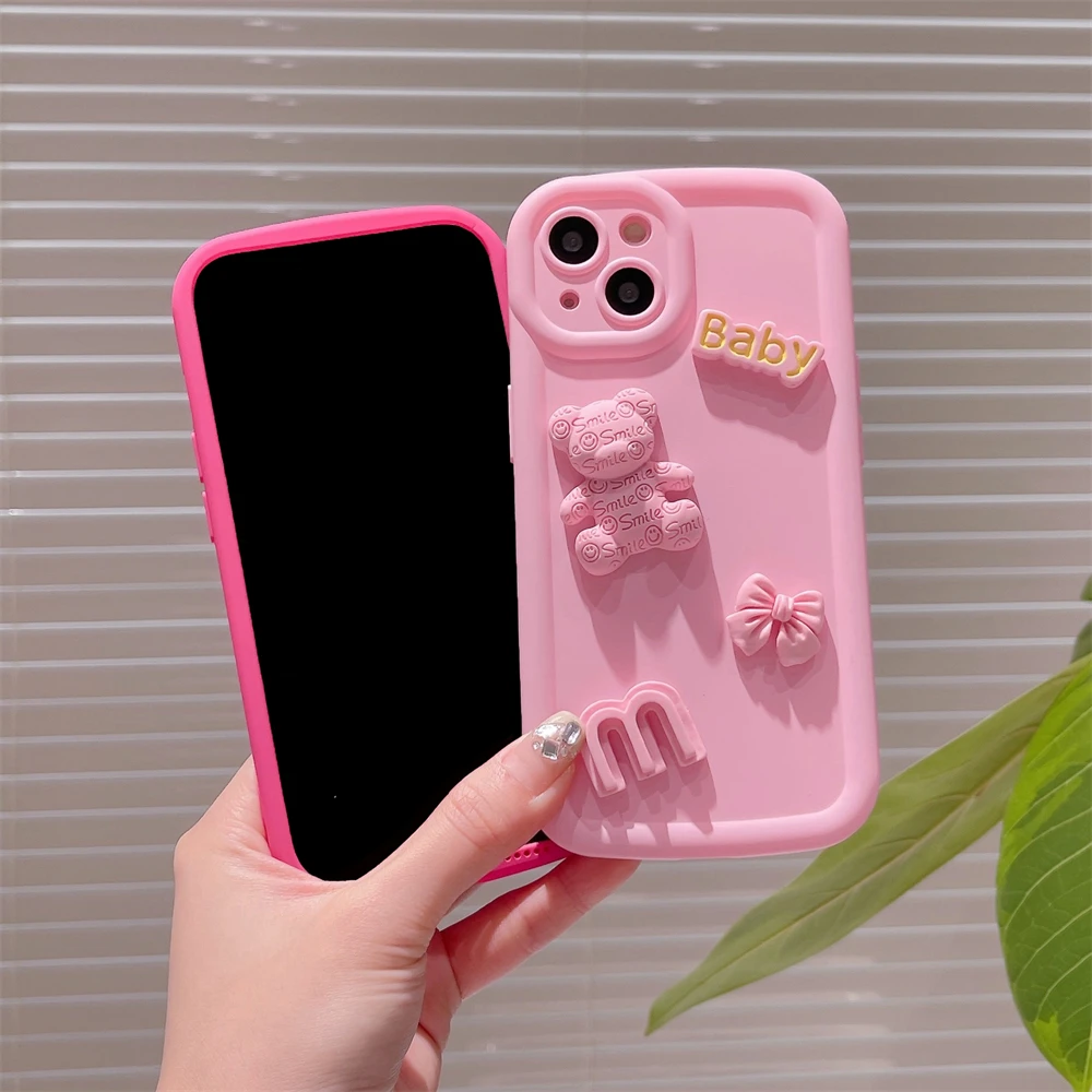 Vibrant Pink Animal Phone Case Teddy Bear Korean Colorful Cute
