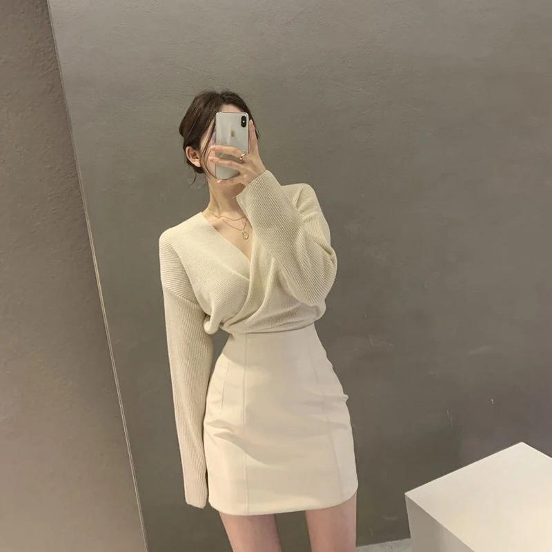 Sc6f6a2e6ed0642b6aa985fa0dc4dda3dF Black Sweaters Women Korean Irregular V Neck Knitted Pullovers Office Lady Elegant Knitwear Autumn Winter Solid Jumpers Mallzona