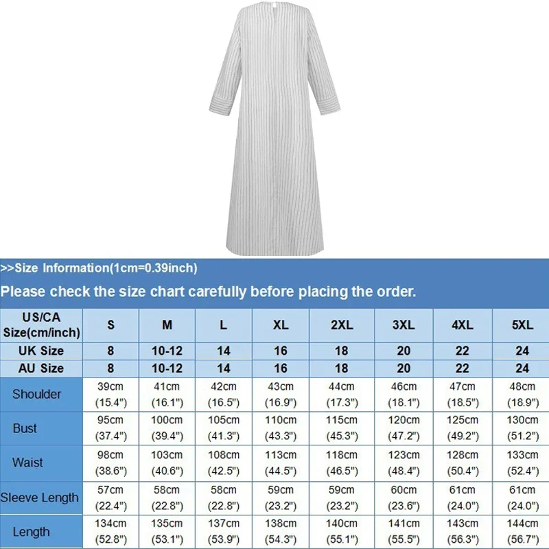 Female Muslim Long-sleeved Robe Cotton and Linen Striped Round Tie Pocket Long Skirt Casual Loose Street Women's Dress