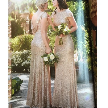 BABYONLINE فساتين وصيفة الشرف بترتر ذهبي وردي، فساتين رسمية طويلة أنيقة مع تفاصيل ثنية خلفية، فستان سهرة فاخر سباركلي