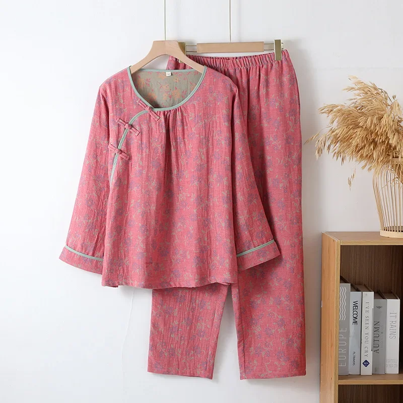 Chinese-style Color-woven Jacquard Pajamas Cotton Double-layer Gauze Pijamas Women Long-sleeved National Style Loungewear Set_ecoleips.com
