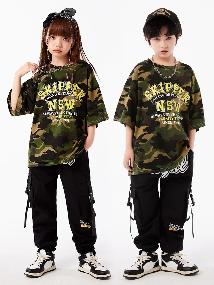 

Kids Hip Hop Clothing Showing Outfits Camo Tshirt Black Cargo Joggers Pants for Girls Boys Teenage Jazz Dance Costume Clothes