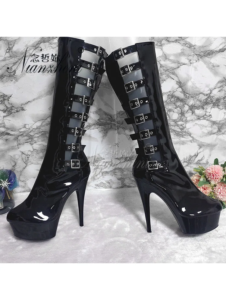 

Exotic Dancer Boots Belt Buckle Fashion Gladiator 15cm Mid-Calf Platform Cross Dressing Strip Pole Dance Sexy Fetish Nightclub