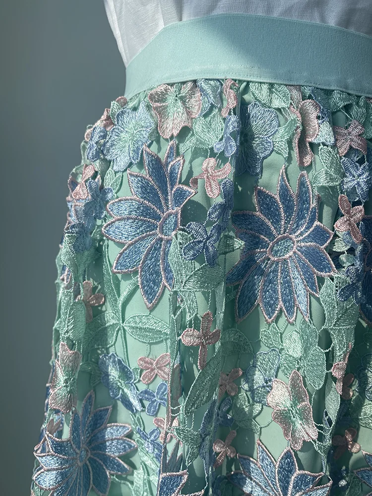 JIAMI Hollow Embroidery Vintage Long Skirt High Quality Flower Luxury Skirt Large Hem Elegant Party Fairy Style Women Clothes
