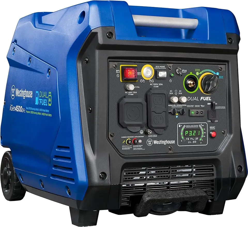 

Westinghouse Outdoor Power Equipment 4500 Peak Watt Super Quiet Dual Fuel Portable Inverter Generator, Remote Electric Start,