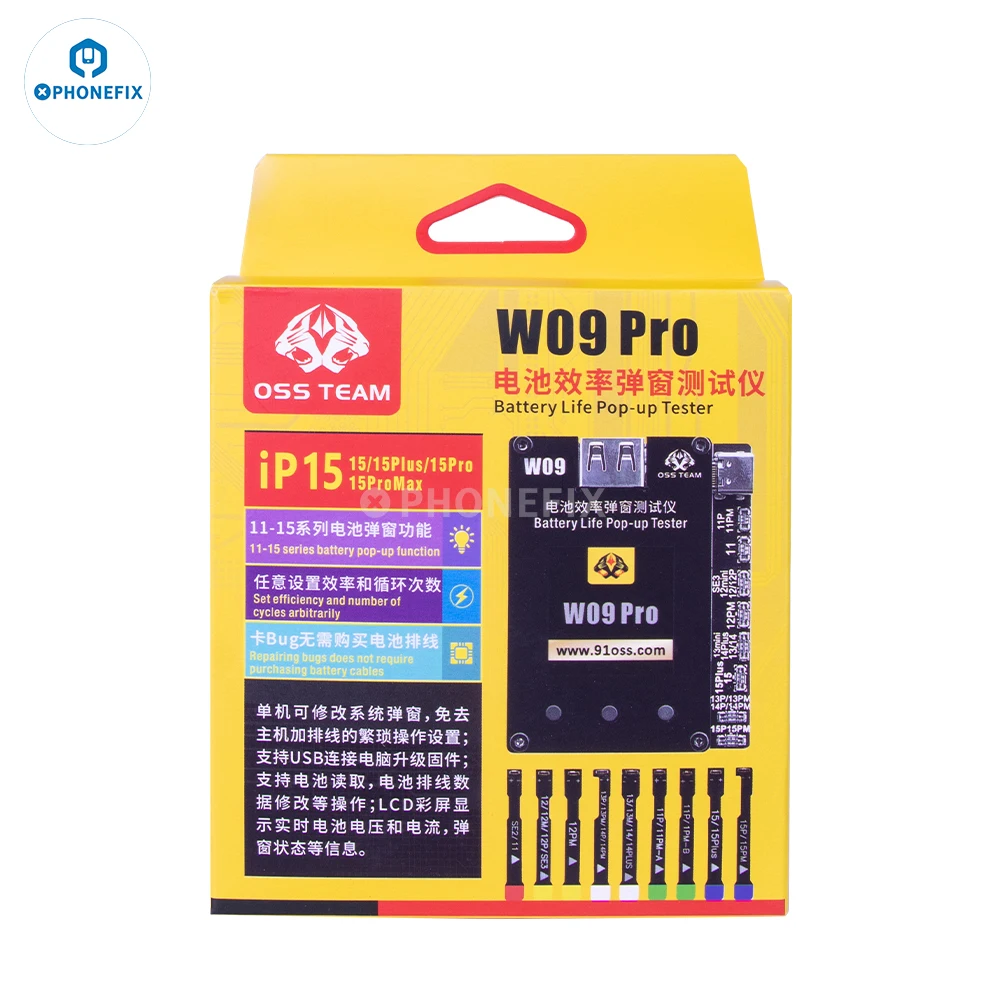 Probador emergente de batería OSS W09 Pro V3 para iPhone 11, 12, 13, 14, 15 Pro max, elimina mensajes de batería importantes para resolver problemas emergentes