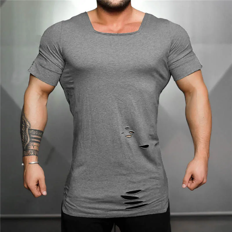 

Men Fashion Square Collar Slim Personality Hole Fitness T-Shirt Summer Breathable Short Sleeve Gym Training Running Sport Shirt