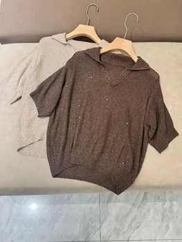 Women's elegant solid color linen knitted short sleeved polo blouse