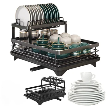 2025 Dish Drying Rack Kitchen Adjustable  Steel 2 Tier Plates Organizer Dish Bowl Drainer Storage Rack Kitchen Utensils