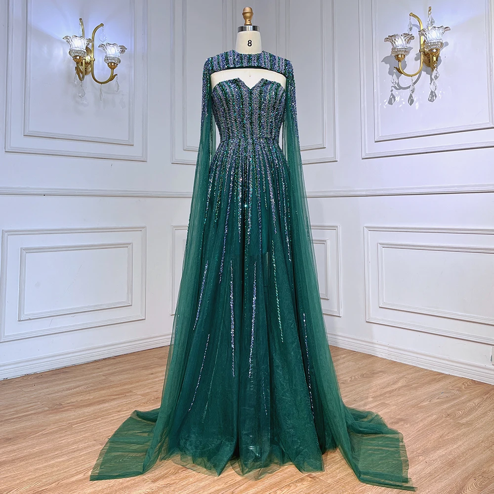 Serene Hill Arabic Green Cape Sleeves A Line Beaded Evening Dresses Long 2023 Celebrity Gowns For Woman Wedding Party LA71912