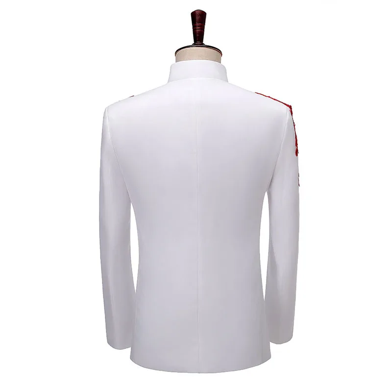 Gold Sequin Patchwork Men Suit Brand Stand Collar Single Breasted Wedding Party Stage Host Zhongshan Blazer And Pant 2 Piece Set