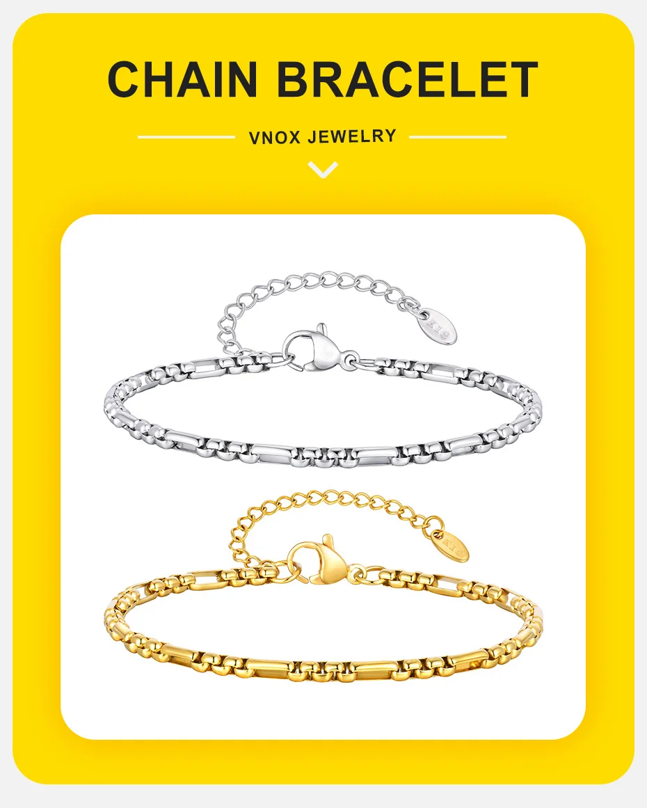 Vnox Edelstahl-Kastenkettengliederarmband für Herren, 16–21 cm verstellbares Gliederarmband, gold-silberfarbener Schmuck, Jubiläumsgeschenke – Detail 1