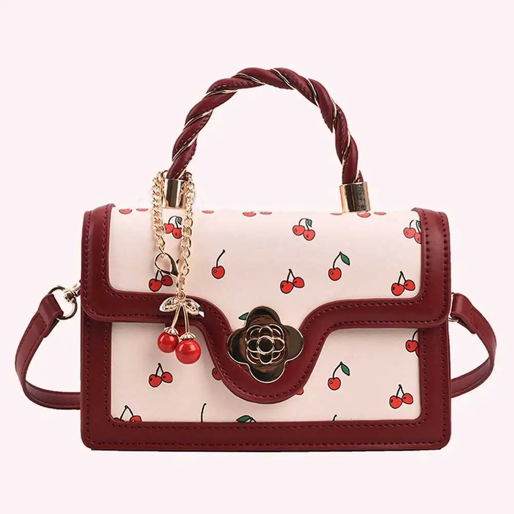 Women Cherry Shoulder Bag Adjustable Strap Cherry Square Chain Bag Versatile Cherry Pattern Sling Bag Female Daily Commute Bag
