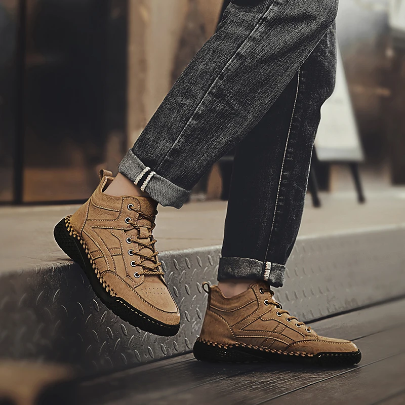 

New Men Genuine Leather Casual Shoes Outdoor Comfortable Fashion Soft Bottom Walking Classic Ankle Non-slip Flats Moccasin Trend