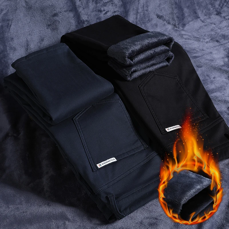 Men Trousers Winter Warm Thick Casual Business Fashion Black Blue Stretch Fleece Office Slim