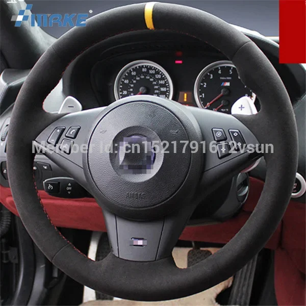 

For BMW M6 High Quality Hand-stitched Anti-Slip Black Suede Red Thread DIY Steering Wheel Cover